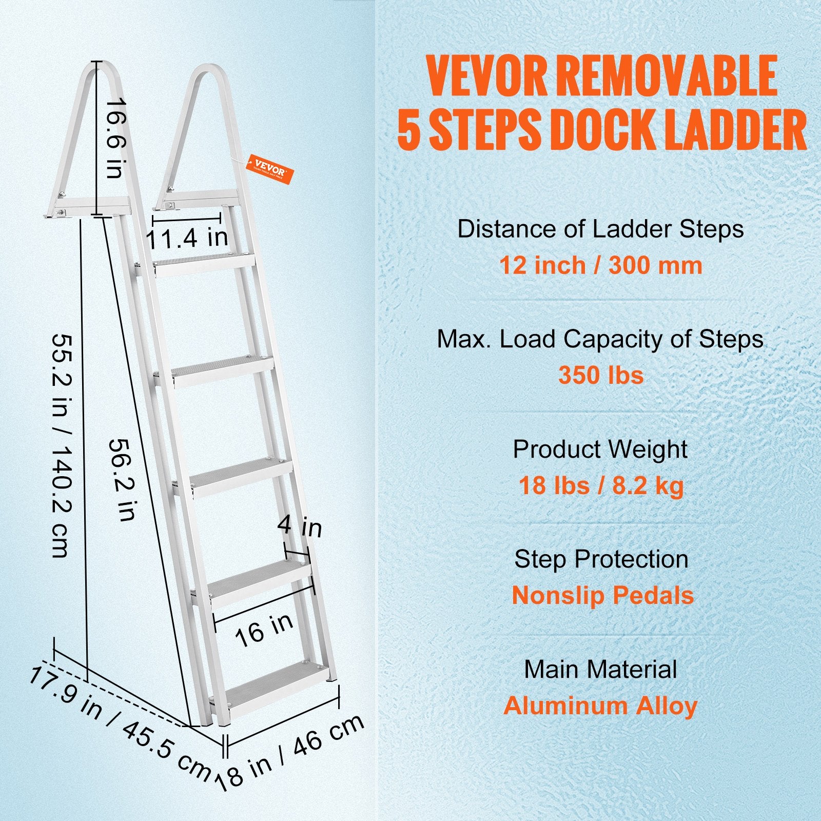 Removable Dock Ladder 5 Steps, 159 kg Load Capacity, Pontoon Boat Ladder with 4'' Wide Step & Nonslip Design for Ship/Lake/Pool/Marine Boarding - Image 7