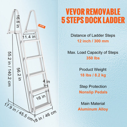 Removable Dock Ladder 5 Steps, 159 kg Load Capacity, Pontoon Boat Ladder with 4'' Wide Step & Nonslip Design for Ship/Lake/Pool/Marine Boarding - Image 7