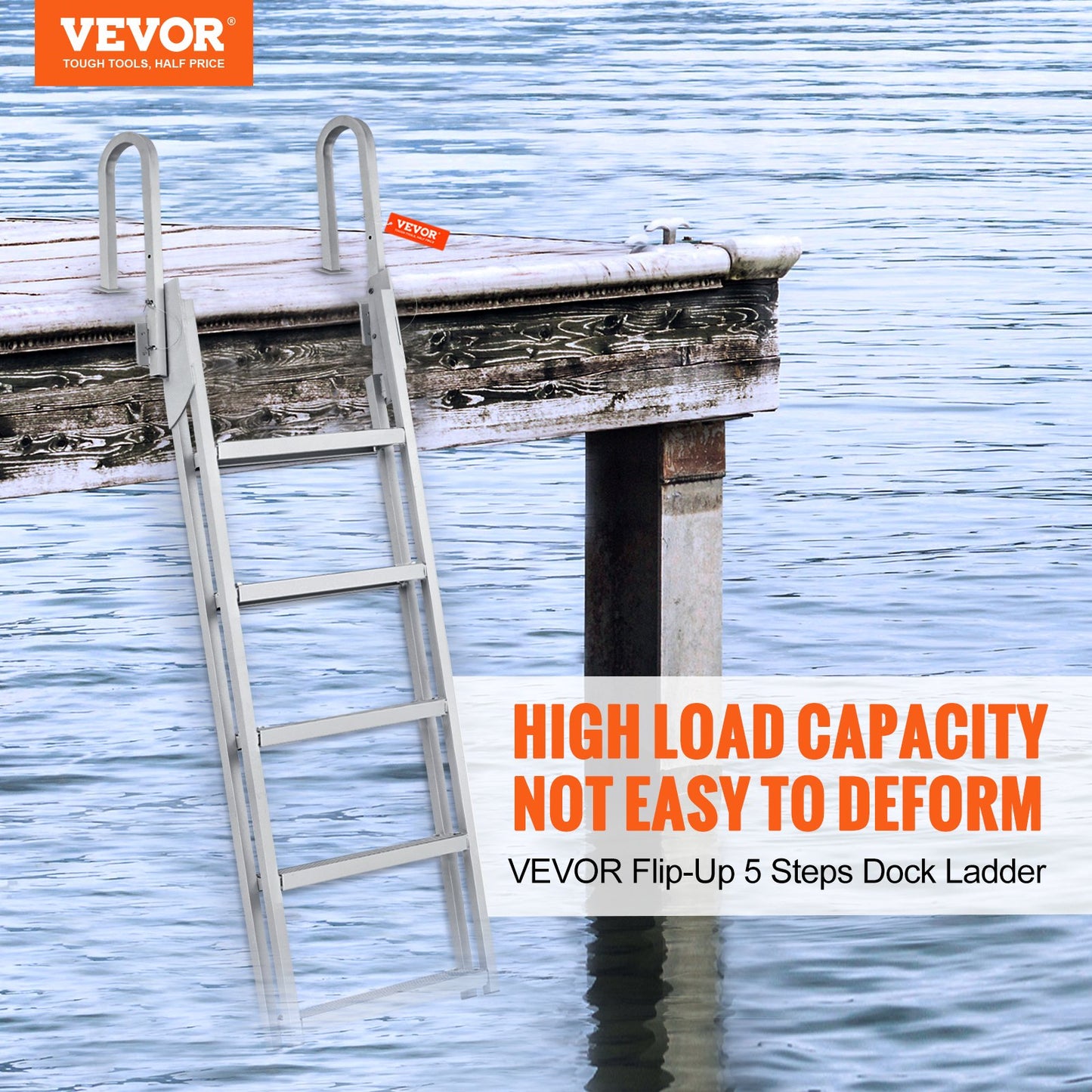 Dock Ladder Flip Up 5 Steps, 350lbs Load Capacity, Aluminum Pontoon Boat Ladder with 4" Wide Step & Nonslip Rubber Mat,Swimm Step Ladder for Ship/Lake/Pool/Marine Boarding - Image 2
