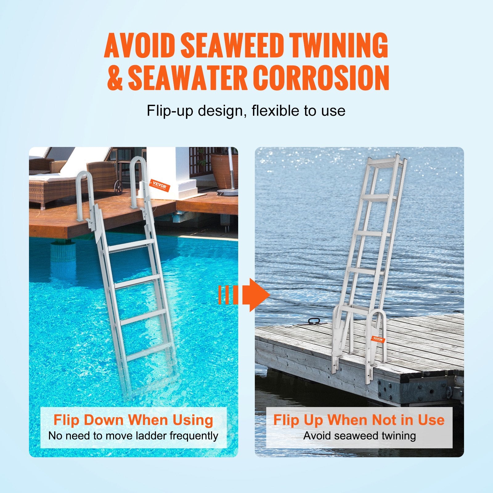 Dock Ladder Flip Up 5 Steps, 350lbs Load Capacity, Aluminum Pontoon Boat Ladder with 4" Wide Step & Nonslip Rubber Mat,Swimm Step Ladder for Ship/Lake/Pool/Marine Boarding - Image 3