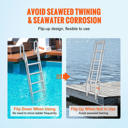Dock Ladder Flip Up 5 Steps, 350lbs Load Capacity, Aluminum Pontoon Boat Ladder with 4" Wide Step & Nonslip Rubber Mat,Swimm Step Ladder for Ship/Lake/Pool/Marine Boarding - Image 3
