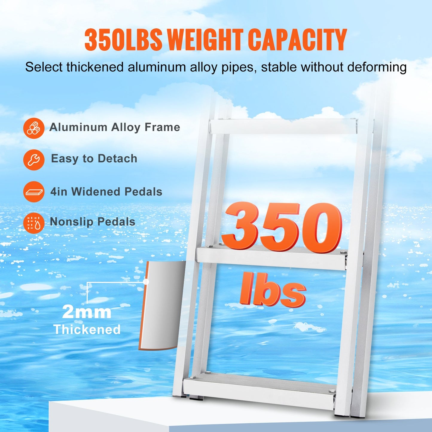Dock Ladder Flip Up 5 Steps, 350lbs Load Capacity, Aluminum Pontoon Boat Ladder with 4" Wide Step & Nonslip Rubber Mat,Swimm Step Ladder for Ship/Lake/Pool/Marine Boarding - Image 4
