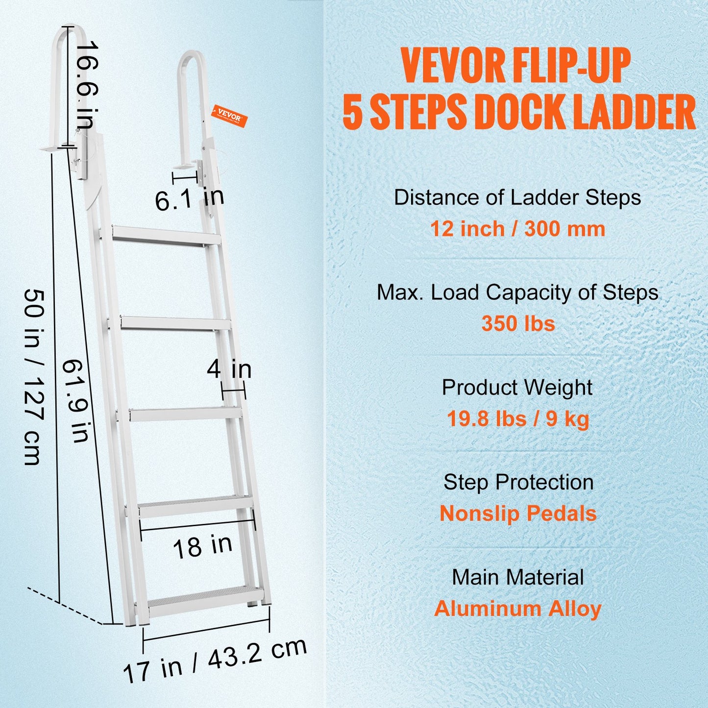 Dock Ladder Flip Up 5 Steps, 350lbs Load Capacity, Aluminum Pontoon Boat Ladder with 4" Wide Step & Nonslip Rubber Mat,Swimm Step Ladder for Ship/Lake/Pool/Marine Boarding - Image 7