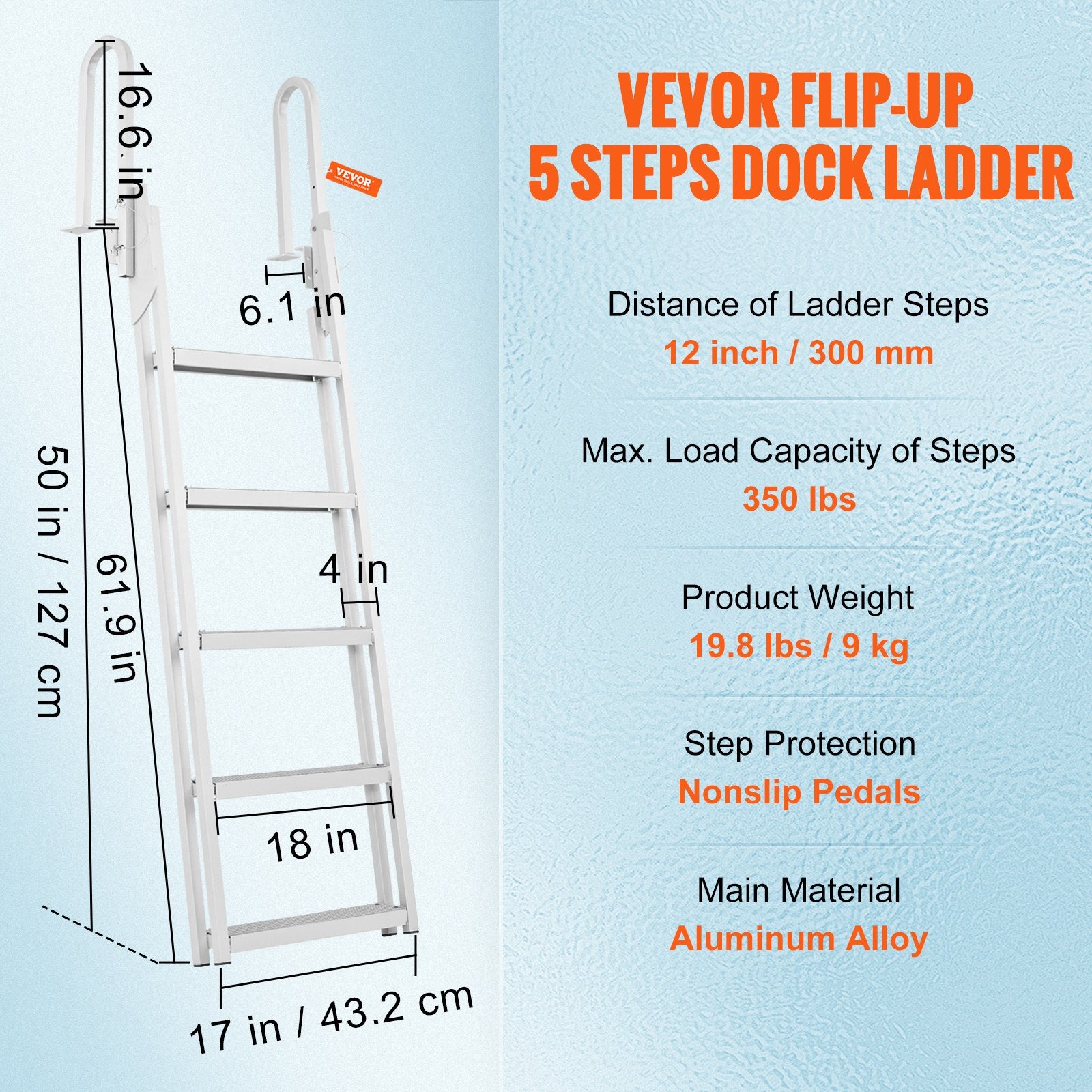 Dock Ladder Flip Up 5 Steps, 350lbs Load Capacity, Aluminum Pontoon Boat Ladder with 4" Wide Step & Nonslip Rubber Mat,Swimm Step Ladder for Ship/Lake/Pool/Marine Boarding - Image 7