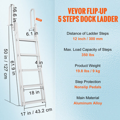 Dock Ladder Flip Up 5 Steps, 350lbs Load Capacity, Aluminum Pontoon Boat Ladder with 4" Wide Step & Nonslip Rubber Mat,Swimm Step Ladder for Ship/Lake/Pool/Marine Boarding - Image 7