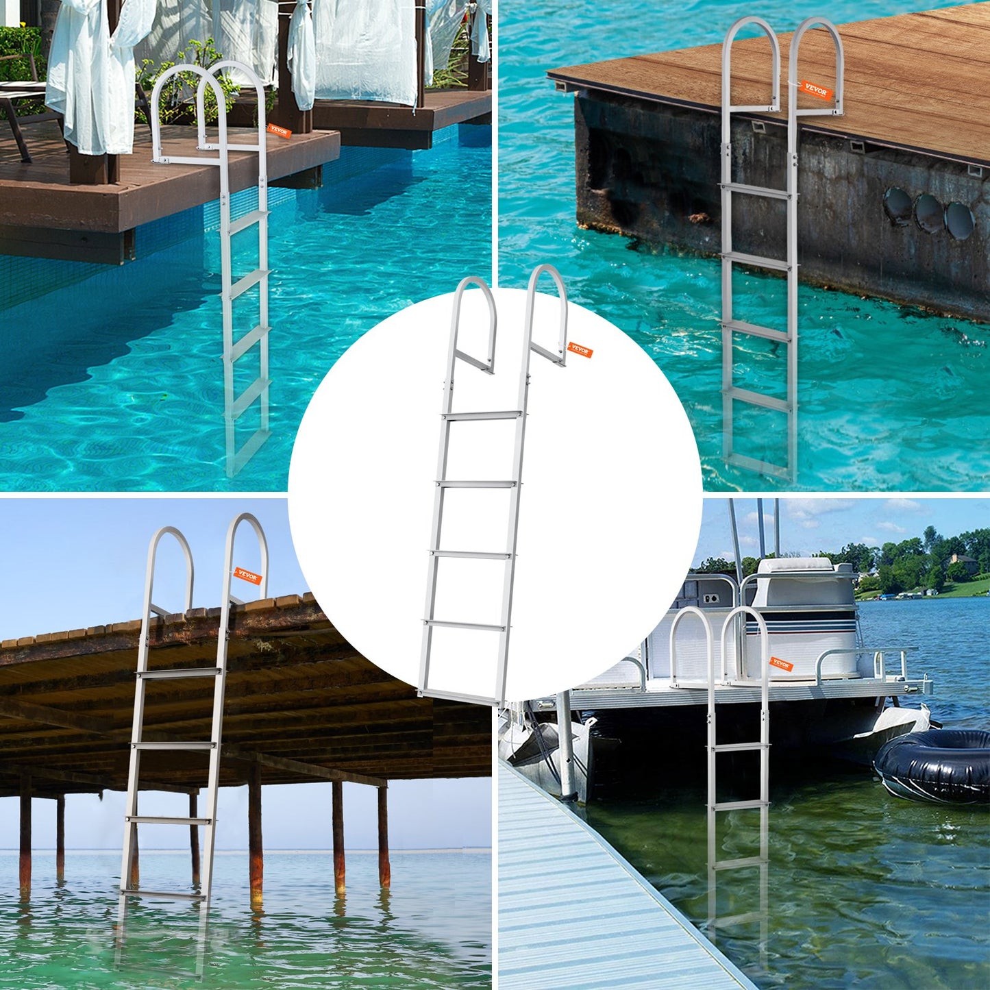 Dock Ladder, Removable 5 Steps, 227 kgs Load Capacity, Aluminum Alloy Pontoon Boat Ladder with 3.1'' Wide Step & Nonslip Rubber Mat, Easy to Install for Ship/Lake/Pool/Marine Boarding - Image 6
