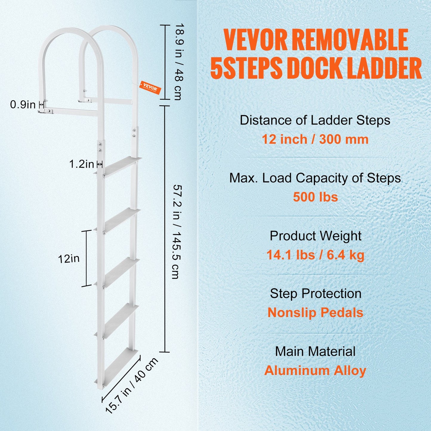 Dock Ladder, Removable 5 Steps, 227 kgs Load Capacity, Aluminum Alloy Pontoon Boat Ladder with 3.1'' Wide Step & Nonslip Rubber Mat, Easy to Install for Ship/Lake/Pool/Marine Boarding - Image 7