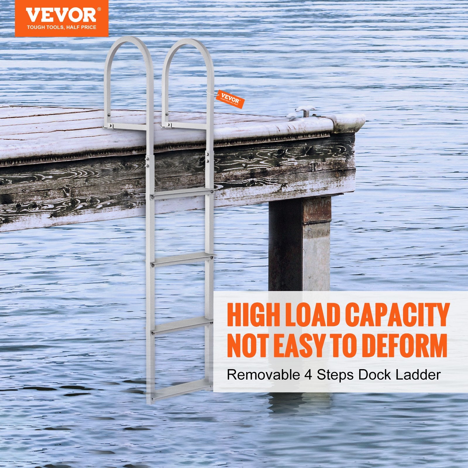 Dock Ladder, Removable 4 Steps, 500 lbs Load Capacity, Aluminum Alloy Pontoon Boat Ladder with 3.1'' Wide Step & Nonslip Rubber Mat, Easy to Install for Ship/Lake/Pool/Marine Boarding - Image 2