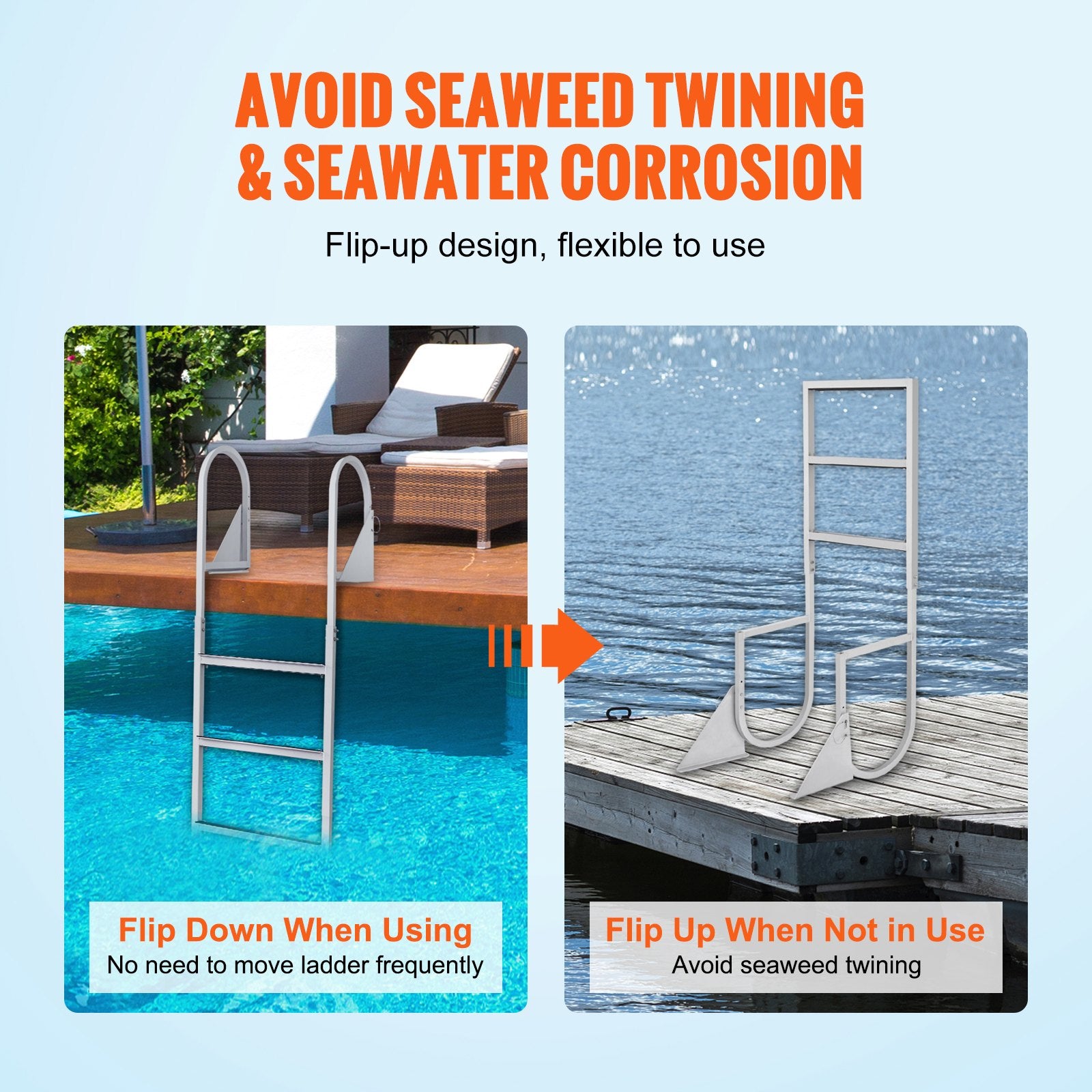 Dock Ladder, Flip-Up 3 Steps, 159 kg Load Capacity, Aluminum Alloy Pontoon Boat Ladder with 50.8 mm Wide Step & Nonslip Rubber Mat, Easy to Install for Ship/Lake/Pool/Marine Boarding - Image 3