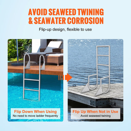 Dock Ladder, Flip-Up 3 Steps, 159 kg Load Capacity, Aluminum Alloy Pontoon Boat Ladder with 50.8 mm Wide Step & Nonslip Rubber Mat, Easy to Install for Ship/Lake/Pool/Marine Boarding - Image 3