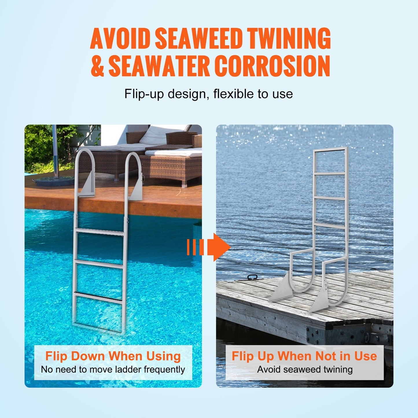 Dock Ladder, Flip-Up 4 Steps, 159 kg Load Capacity, Aluminum Alloy Pontoon Boat Ladder with 50.8 mm Wide Step & Nonslip Rubber Mat, Easy to Install for Ship/Lake/Pool/Marine Boarding - Image 3
