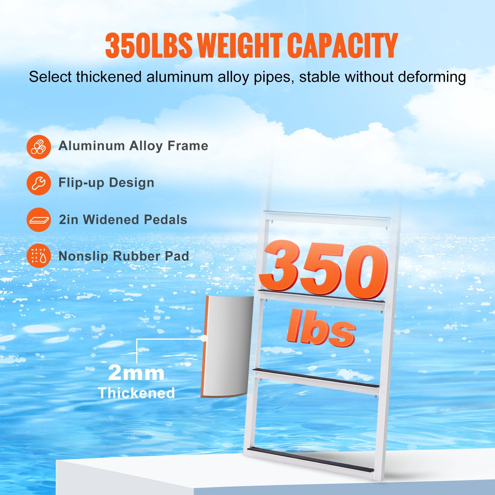 Dock Ladder, Flip-Up 4 Steps, 159 kg Load Capacity, Aluminum Alloy Pontoon Boat Ladder with 50.8 mm Wide Step & Nonslip Rubber Mat, Easy to Install for Ship/Lake/Pool/Marine Boarding - Image 4