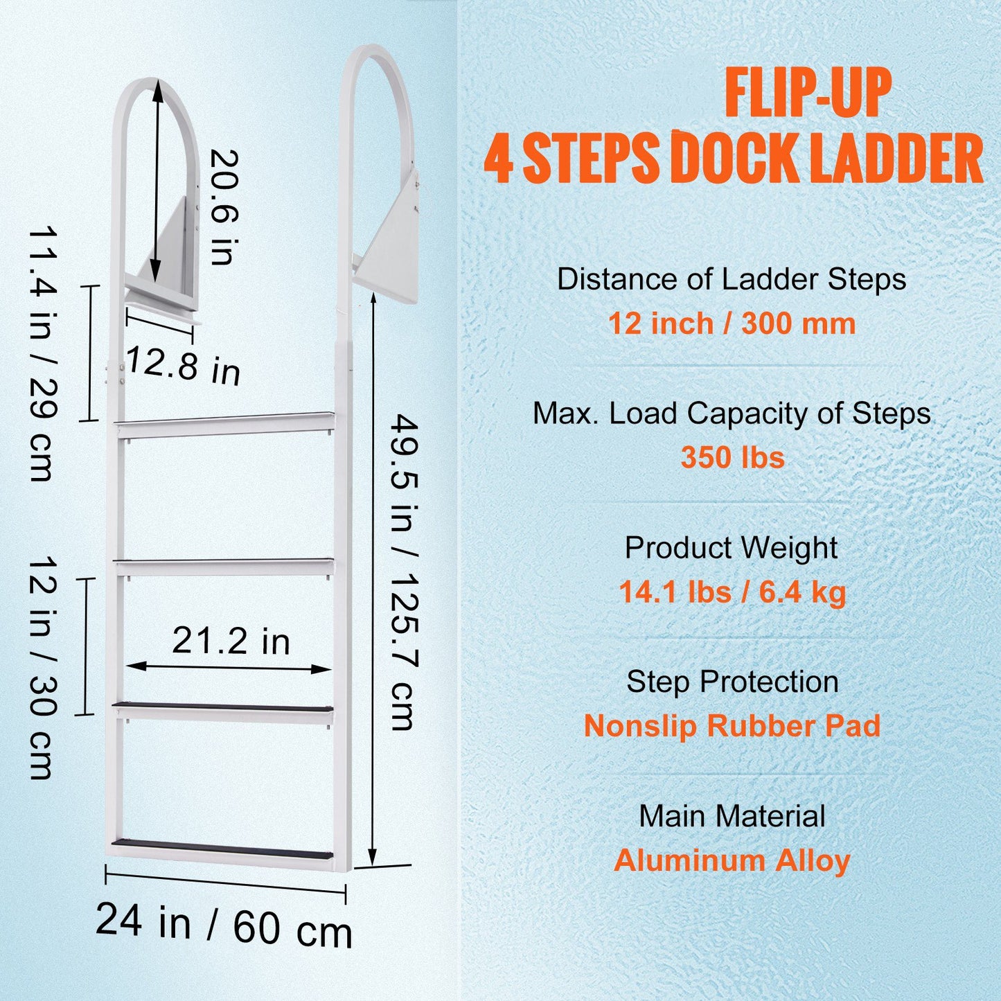 Dock Ladder, Flip-Up 4 Steps, 159 kg Load Capacity, Aluminum Alloy Pontoon Boat Ladder with 50.8 mm Wide Step & Nonslip Rubber Mat, Easy to Install for Ship/Lake/Pool/Marine Boarding - Image 7