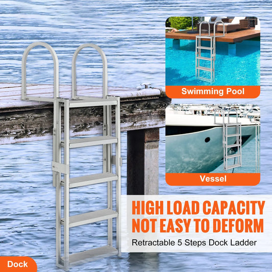 Dock Ladder, Retractable 5 Steps, 350 lbs Load Capacity, Aluminum Alloy Pontoon Boat Ladder with 66.9''-78.9'' Adjustable Height, 4'' Wide Step & Mat, for Ship/Lake/Pool/Marine Boarding - Image 2