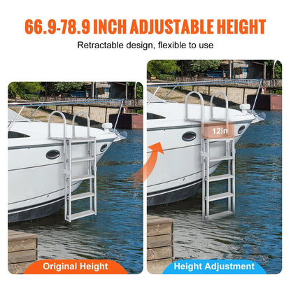 Dock Ladder, Retractable 5 Steps, 350 lbs Load Capacity, Aluminum Alloy Pontoon Boat Ladder with 66.9''-78.9'' Adjustable Height, 4'' Wide Step & Mat, for Ship/Lake/Pool/Marine Boarding - Image 3