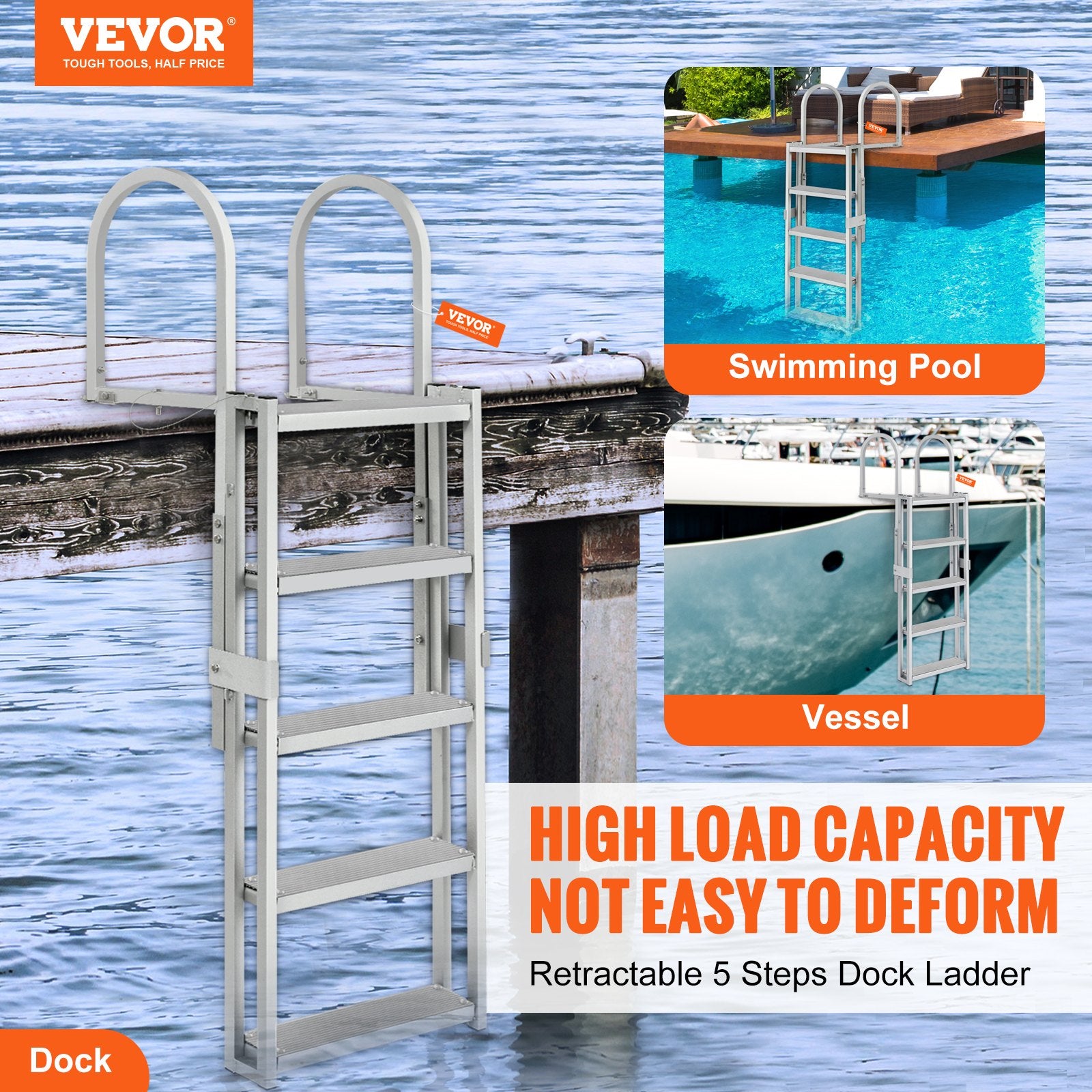 Dock Ladder, Retractable 5 Steps, 350 lbs Load Capacity, Aluminum Alloy Pontoon Boat Ladder with 66.9''-78.9'' Adjustable Height, 4'' Wide Step & Mat, for Ship/Lake/Pool/Marine Boarding - Image 2