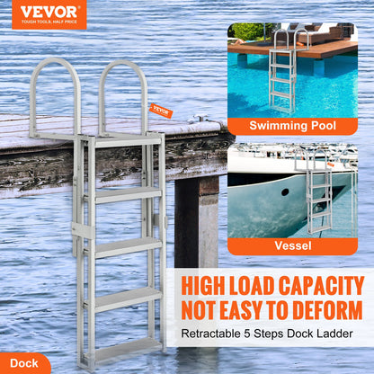 Dock Ladder, Retractable 5 Steps, 350 lbs Load Capacity, Aluminum Alloy Pontoon Boat Ladder with 66.9''-78.9'' Adjustable Height, 4'' Wide Step & Mat, for Ship/Lake/Pool/Marine Boarding - Image 2