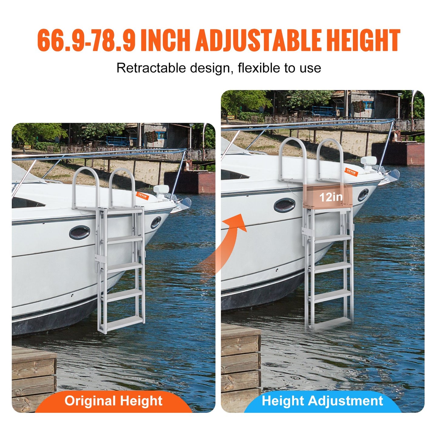 Dock Ladder, Retractable 5 Steps, 350 lbs Load Capacity, Aluminum Alloy Pontoon Boat Ladder with 66.9''-78.9'' Adjustable Height, 4'' Wide Step & Mat, for Ship/Lake/Pool/Marine Boarding - Image 3