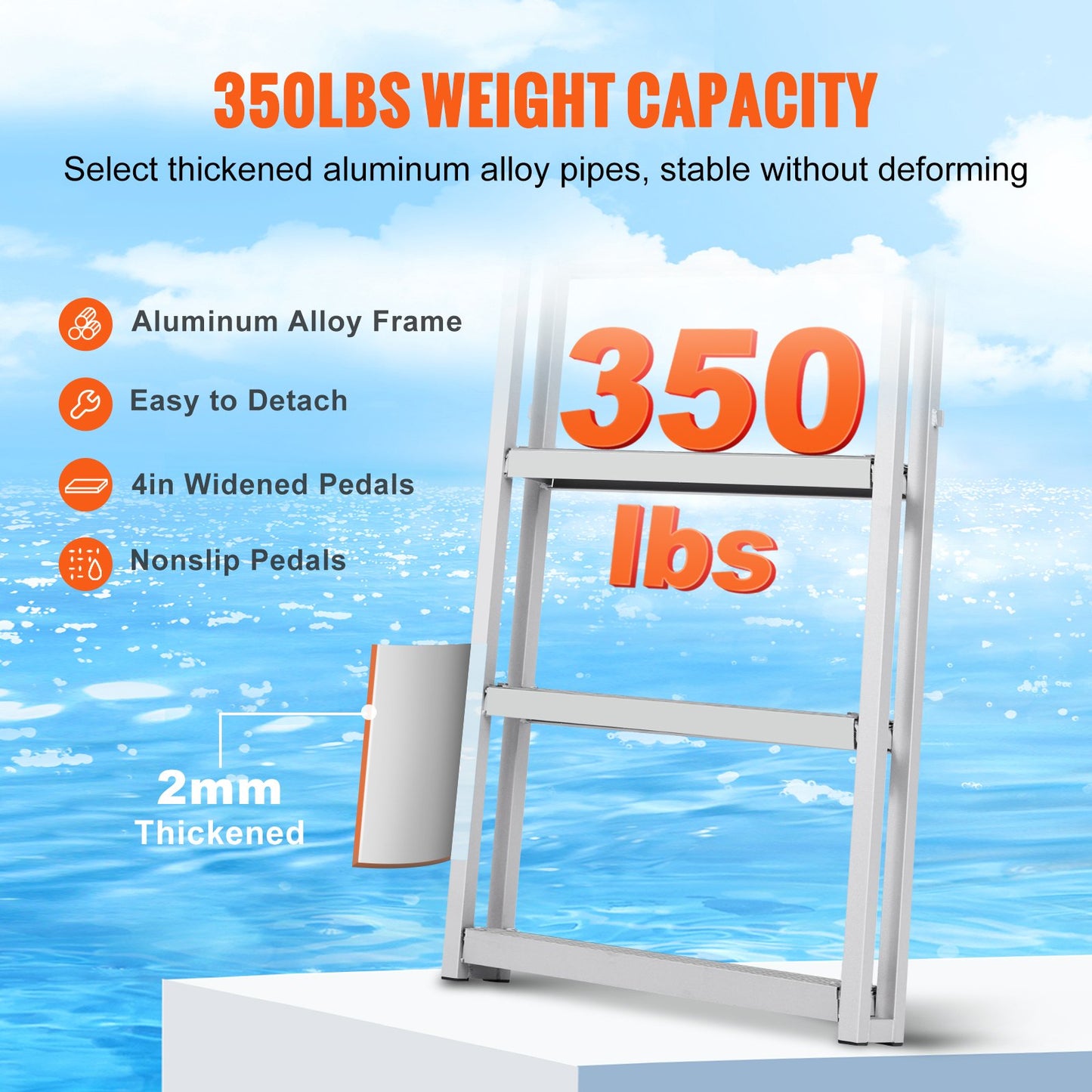 Dock Ladder, Retractable 5 Steps, 350 lbs Load Capacity, Aluminum Alloy Pontoon Boat Ladder with 66.9''-78.9'' Adjustable Height, 4'' Wide Step & Mat, for Ship/Lake/Pool/Marine Boarding - Image 4