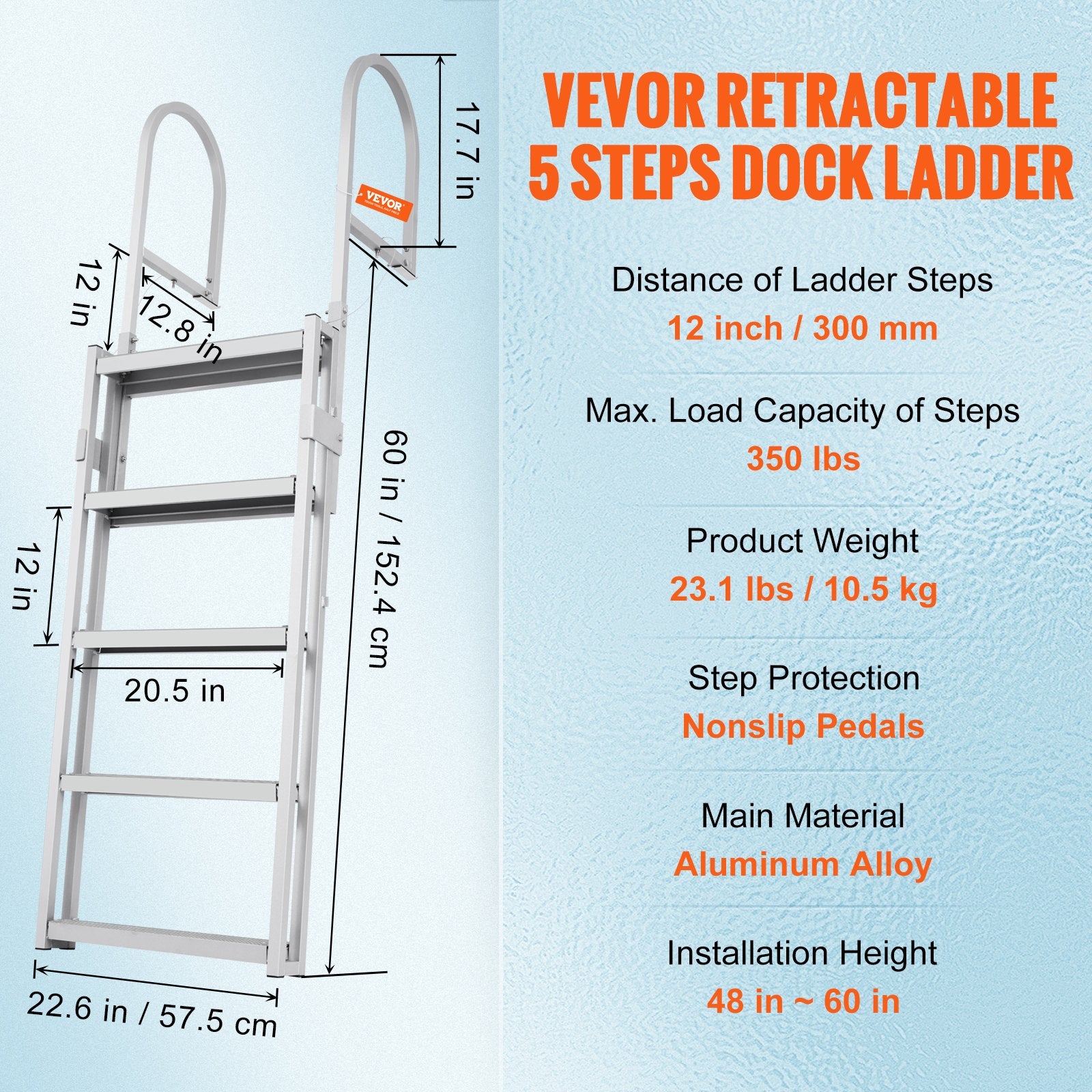 Dock Ladder, Retractable 5 Steps, 350 lbs Load Capacity, Aluminum Alloy Pontoon Boat Ladder with 66.9''-78.9'' Adjustable Height, 4'' Wide Step & Mat, for Ship/Lake/Pool/Marine Boarding - Image 7