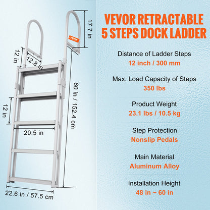 Dock Ladder, Retractable 5 Steps, 350 lbs Load Capacity, Aluminum Alloy Pontoon Boat Ladder with 66.9''-78.9'' Adjustable Height, 4'' Wide Step & Mat, for Ship/Lake/Pool/Marine Boarding - Image 7