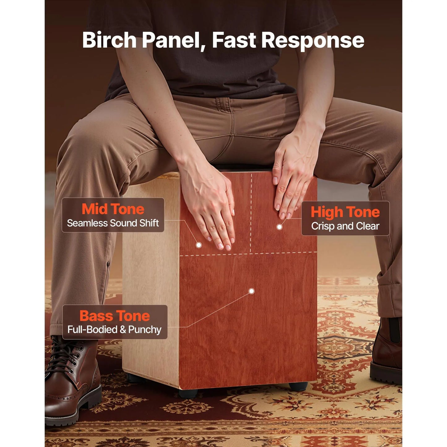 Cajon Box Drum, with Internal Guitar Strings, Lightweight Wooden Percussion Box, Portable Birch Wood Drum Musical Instrument with Silicone Feet, for Beginner & Professional, 305 x 305 x 430 mm - Image 2