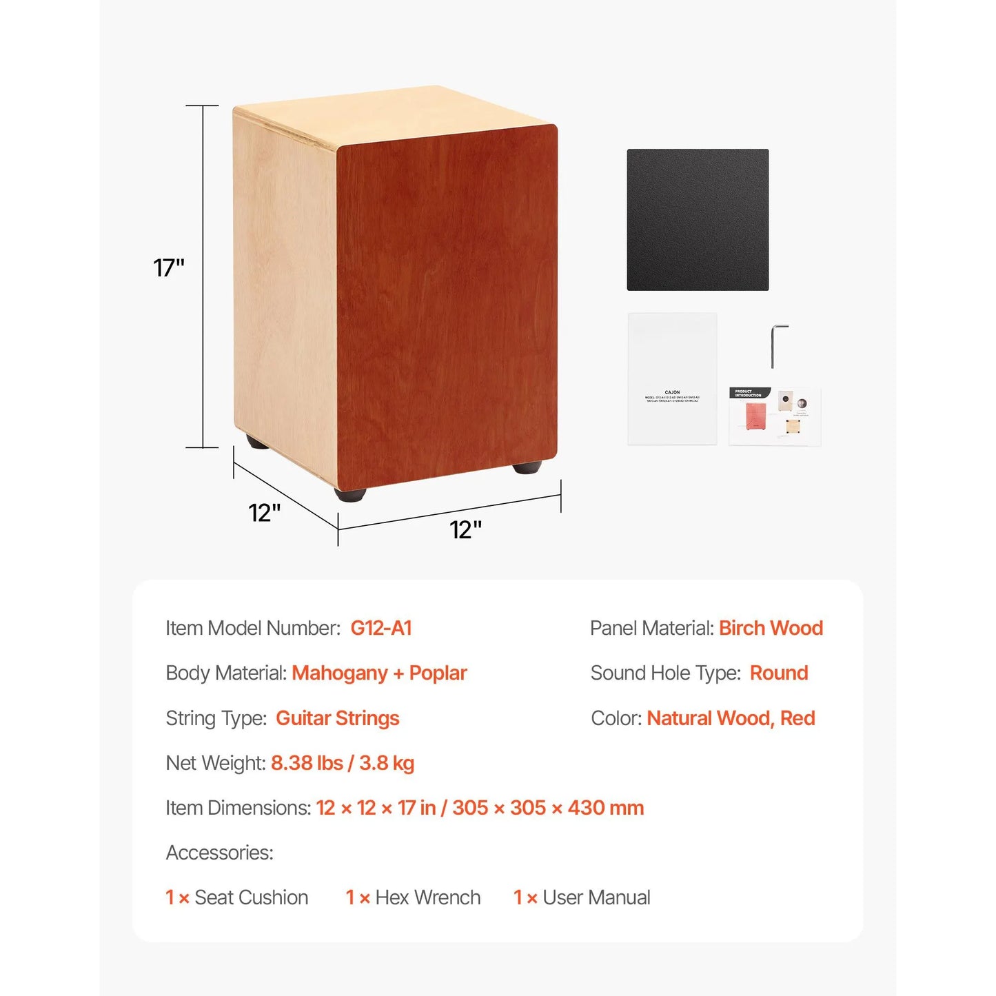 Cajon Box Drum, with Internal Guitar Strings, Lightweight Wooden Percussion Box, Portable Birch Wood Drum Musical Instrument with Silicone Feet, for Beginner & Professional, 305 x 305 x 430 mm - Image 7