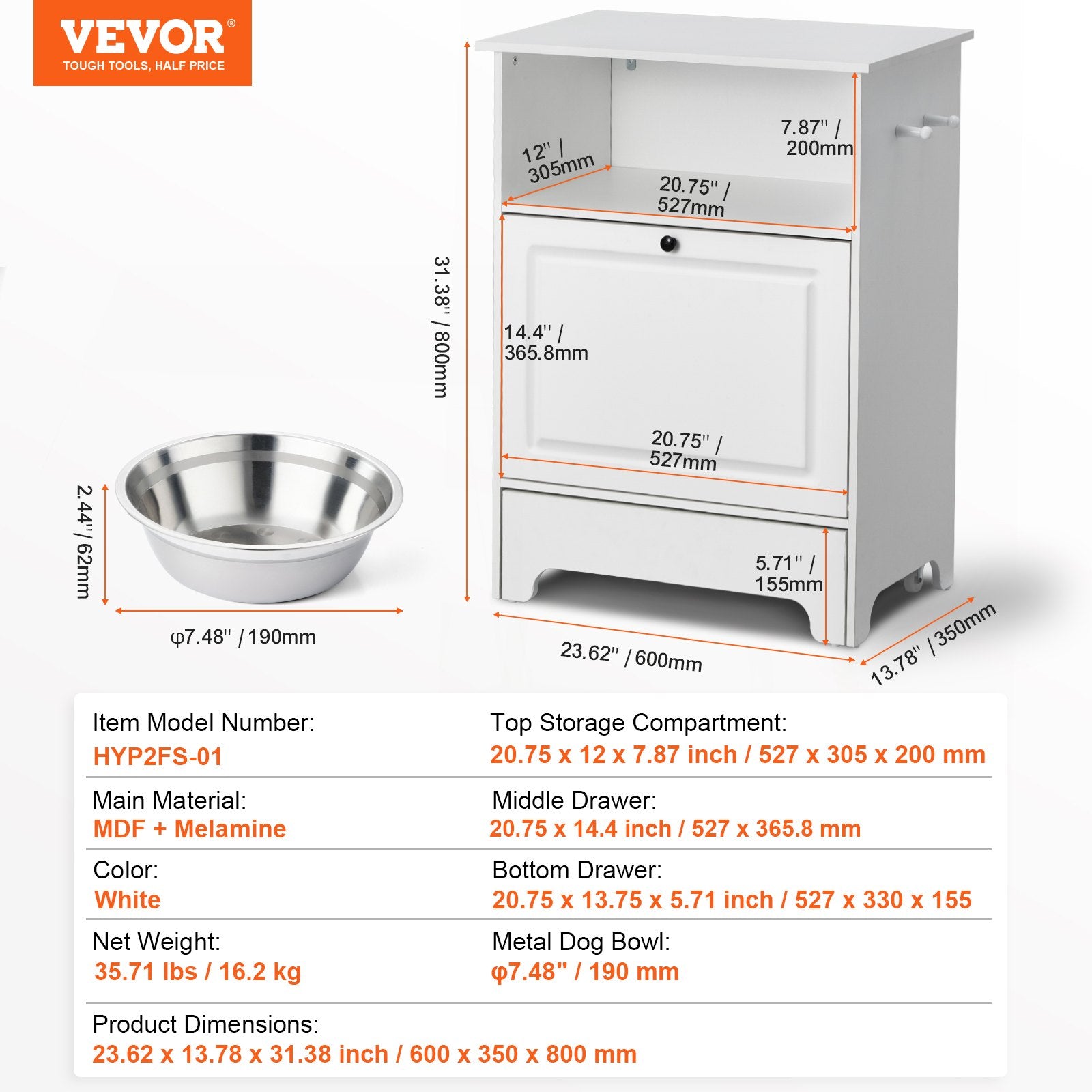 Pet Feeding Station w/ 2 Elevated Dog Bowls Dog Food & Toy Storage Cabinet - Image 7