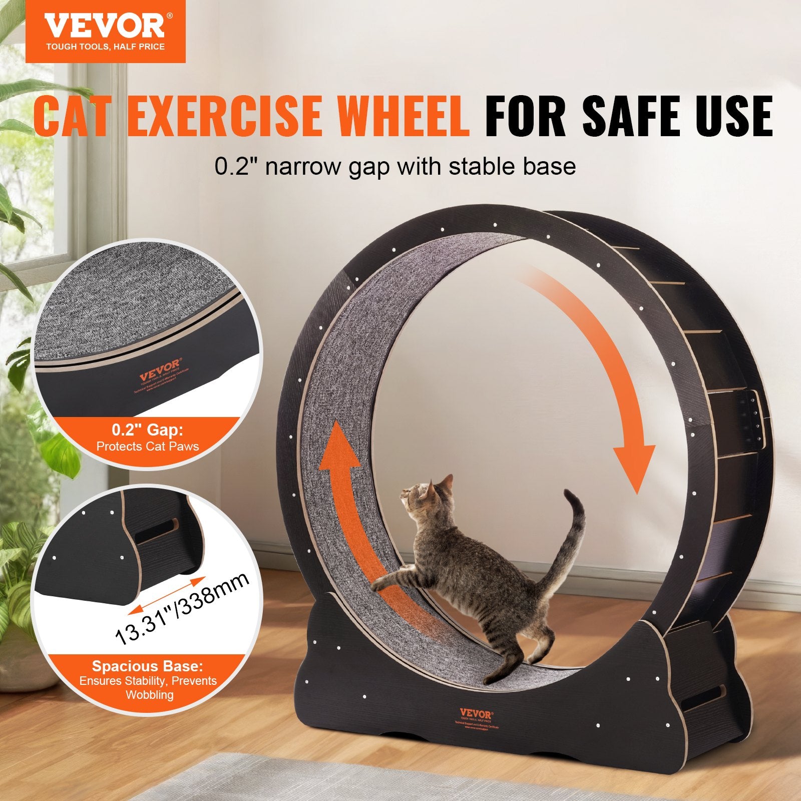 Wooden Cat Exercise Wheel, 43.3" Large Cat Treadmill Wheel for Indoor Cats, Cat Running Wheel with Detachable Carpet & Cat Teaser for Running/Walking/Training, Suitable for Most Cats - Image 2