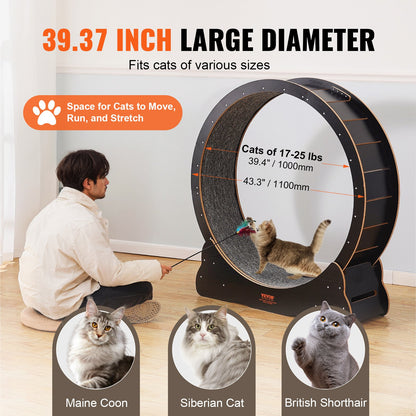 Wooden Cat Exercise Wheel, 43.3" Large Cat Treadmill Wheel for Indoor Cats, Cat Running Wheel with Detachable Carpet & Cat Teaser for Running/Walking/Training, Suitable for Most Cats - Image 4
