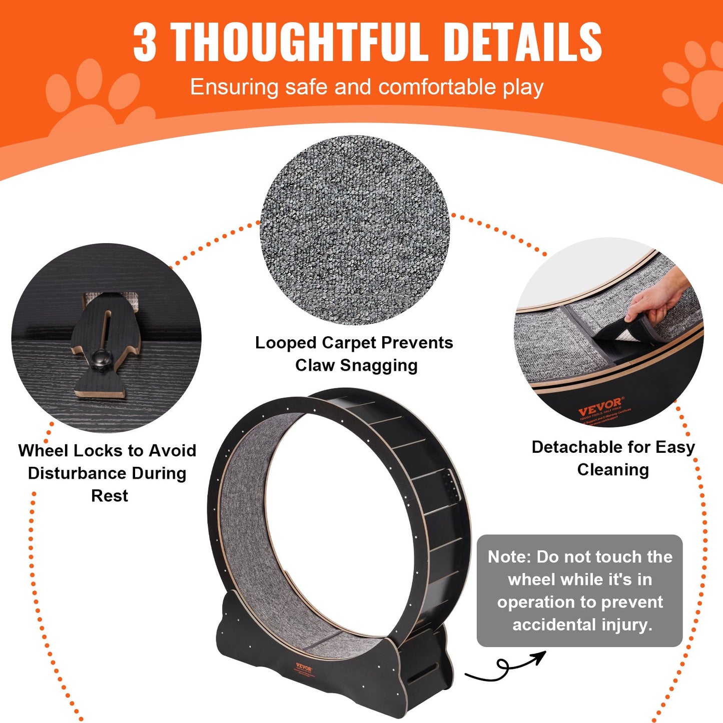 Wooden Cat Exercise Wheel, 43.3" Large Cat Treadmill Wheel for Indoor Cats, Cat Running Wheel with Detachable Carpet & Cat Teaser for Running/Walking/Training, Suitable for Most Cats - Image 6