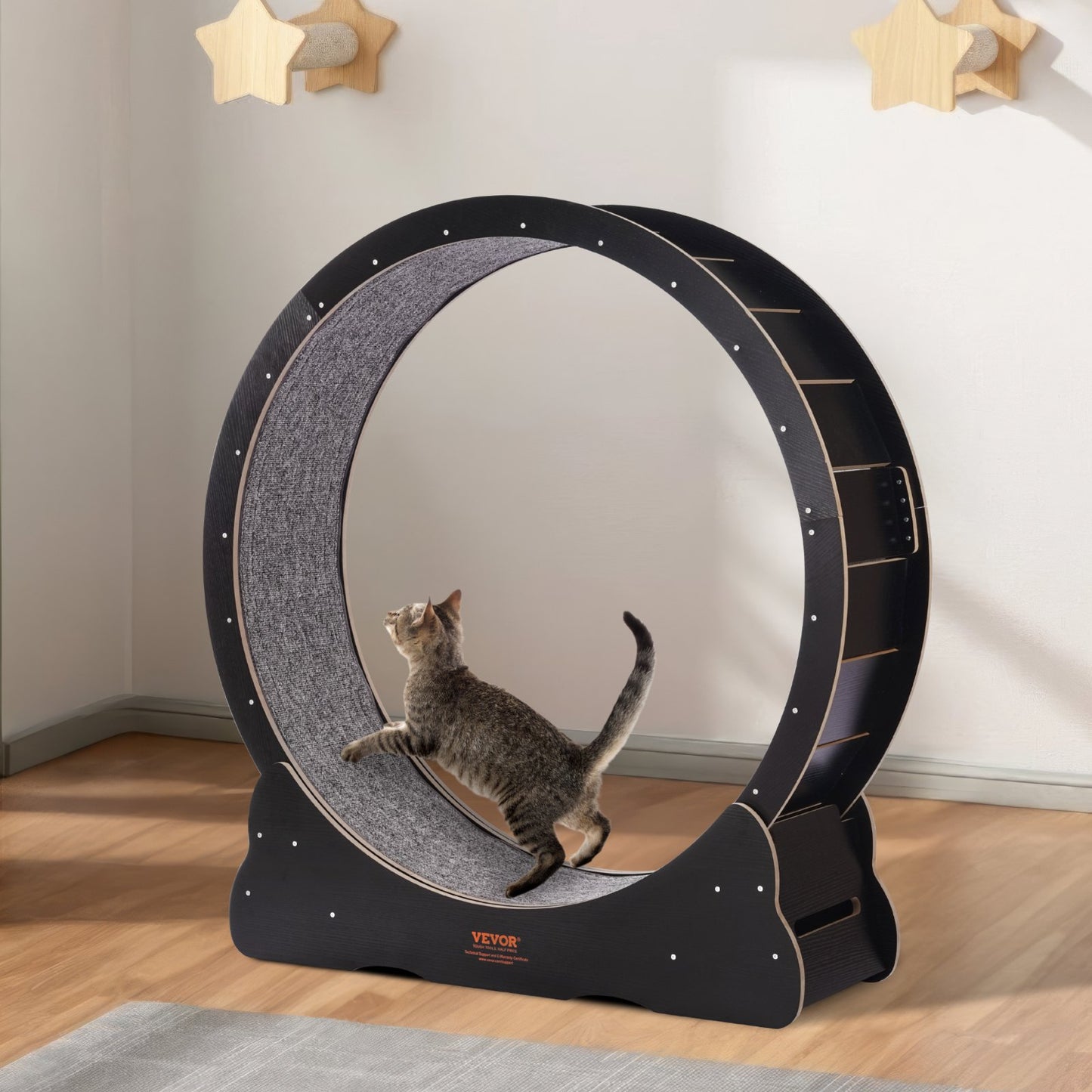 Wooden Cat Exercise Wheel, 43.3" Large Cat Treadmill Wheel for Indoor Cats, Cat Running Wheel with Detachable Carpet & Cat Teaser for Running/Walking/Training, Suitable for Most Cats - Image 8