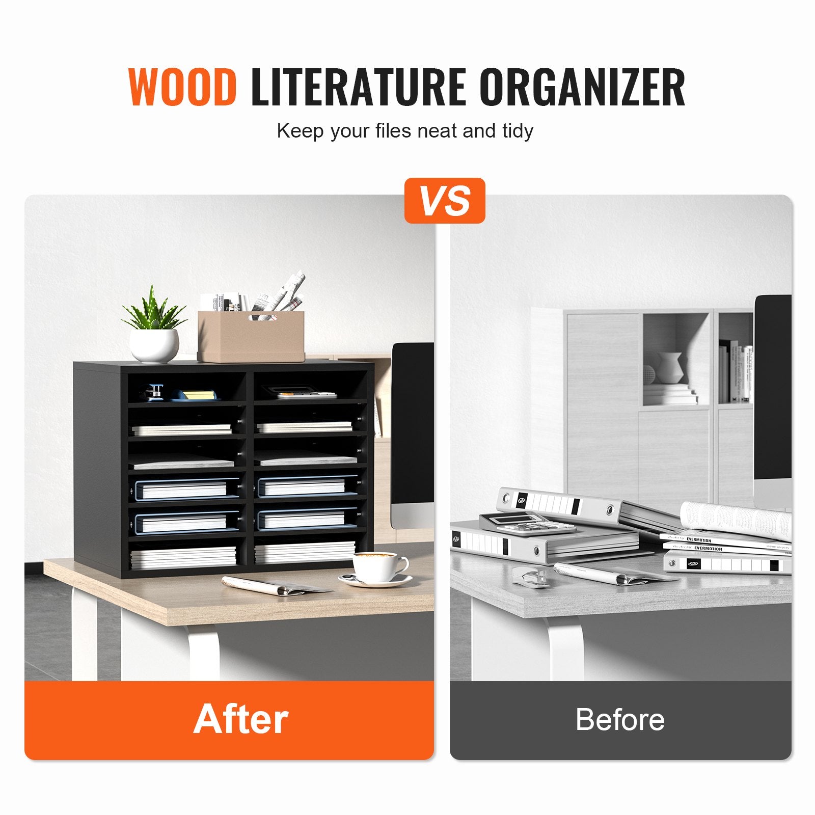 Wood Literature Organizer Adjustable File Sorter 12 Compartments Black - Image 2