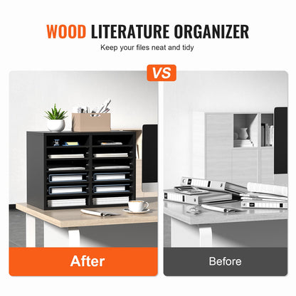 Wood Literature Organizer Adjustable File Sorter 12 Compartments Black - Image 2