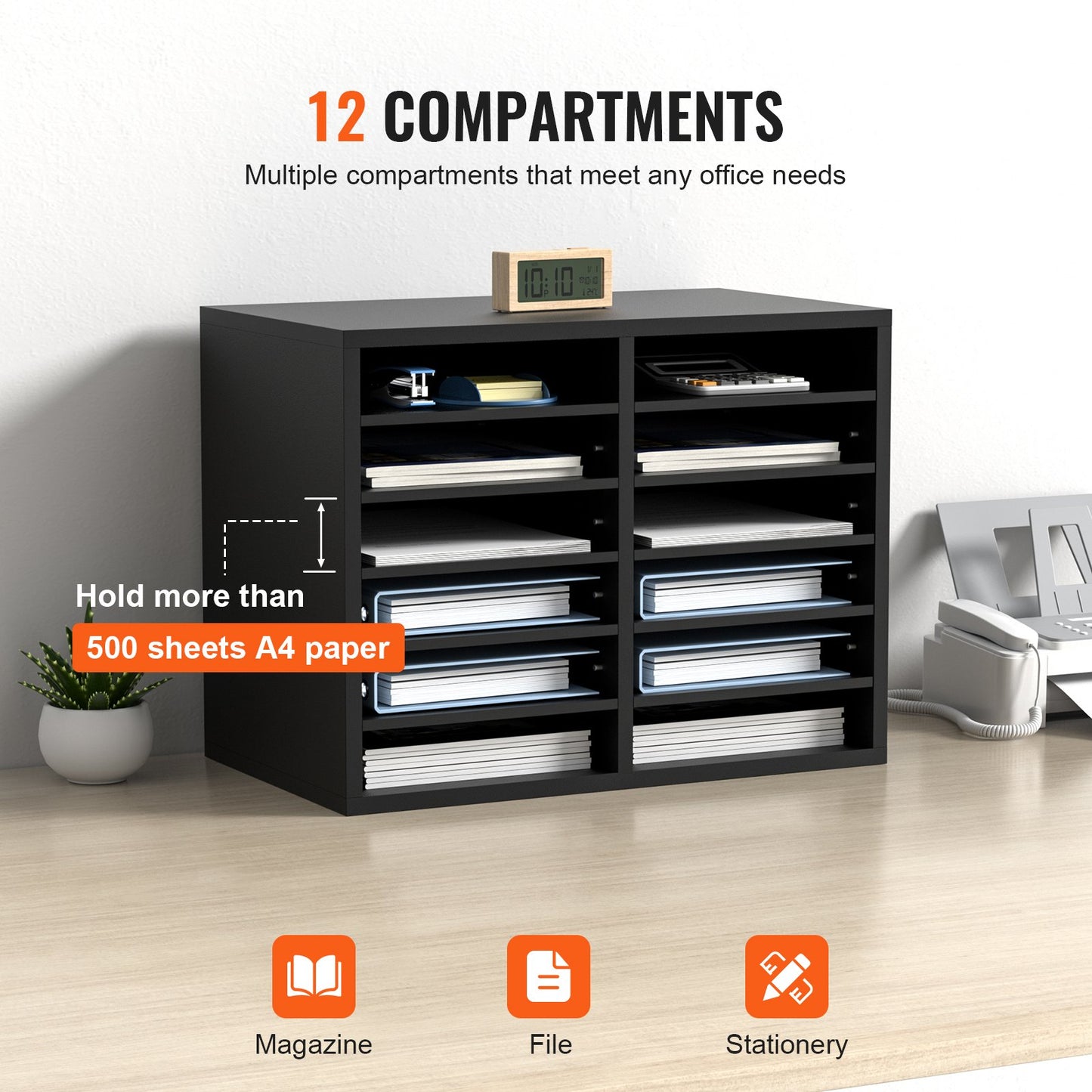 Wood Literature Organizer Adjustable File Sorter 12 Compartments Black - Image 4