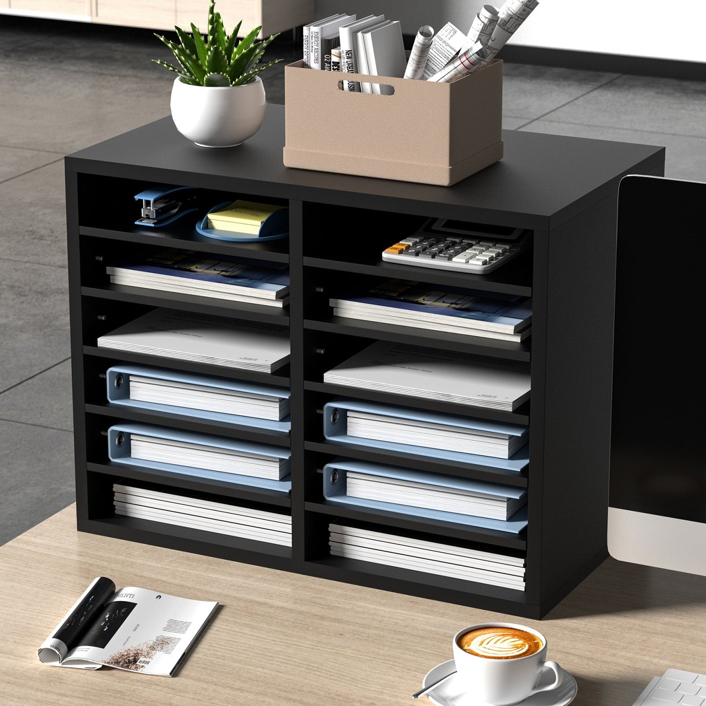 Wood Literature Organizer Adjustable File Sorter 12 Compartments Black - Image 8