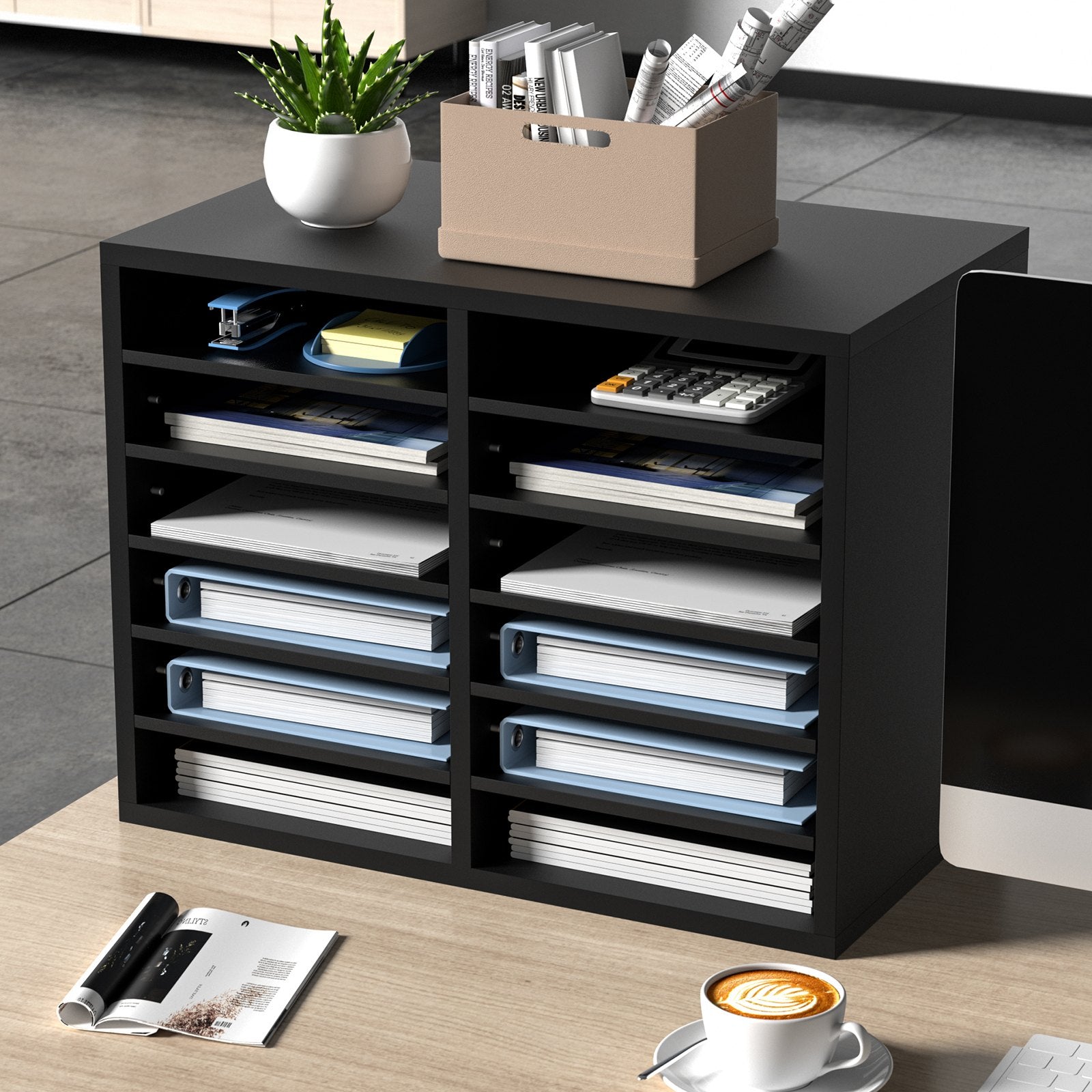 Wood Literature Organizer Adjustable File Sorter 12 Compartments Black - Image 8