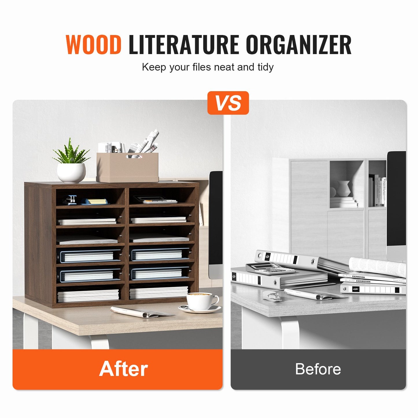 Wood Literature Organizer Adjustable File Sorter 12 Compartments Brown - Image 2