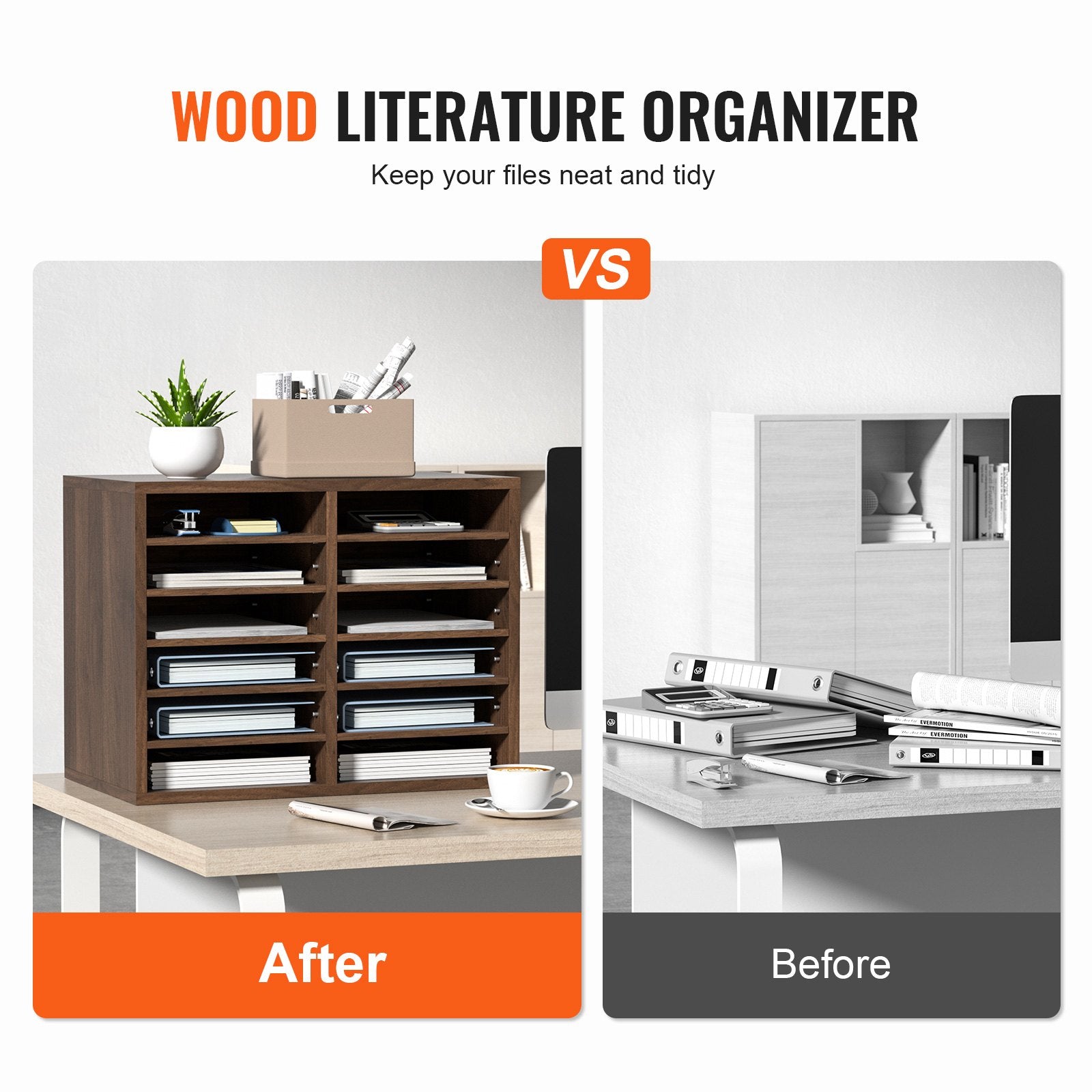 Wood Literature Organizer Adjustable File Sorter 12 Compartments Brown - Image 2