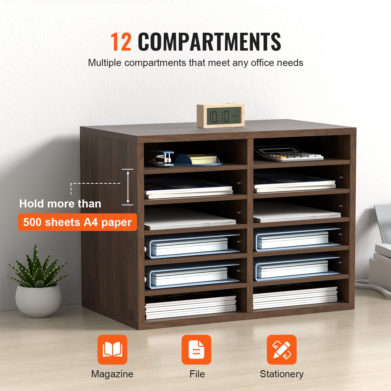 Wood Literature Organizer Adjustable File Sorter 12 Compartments Brown - Image 4
