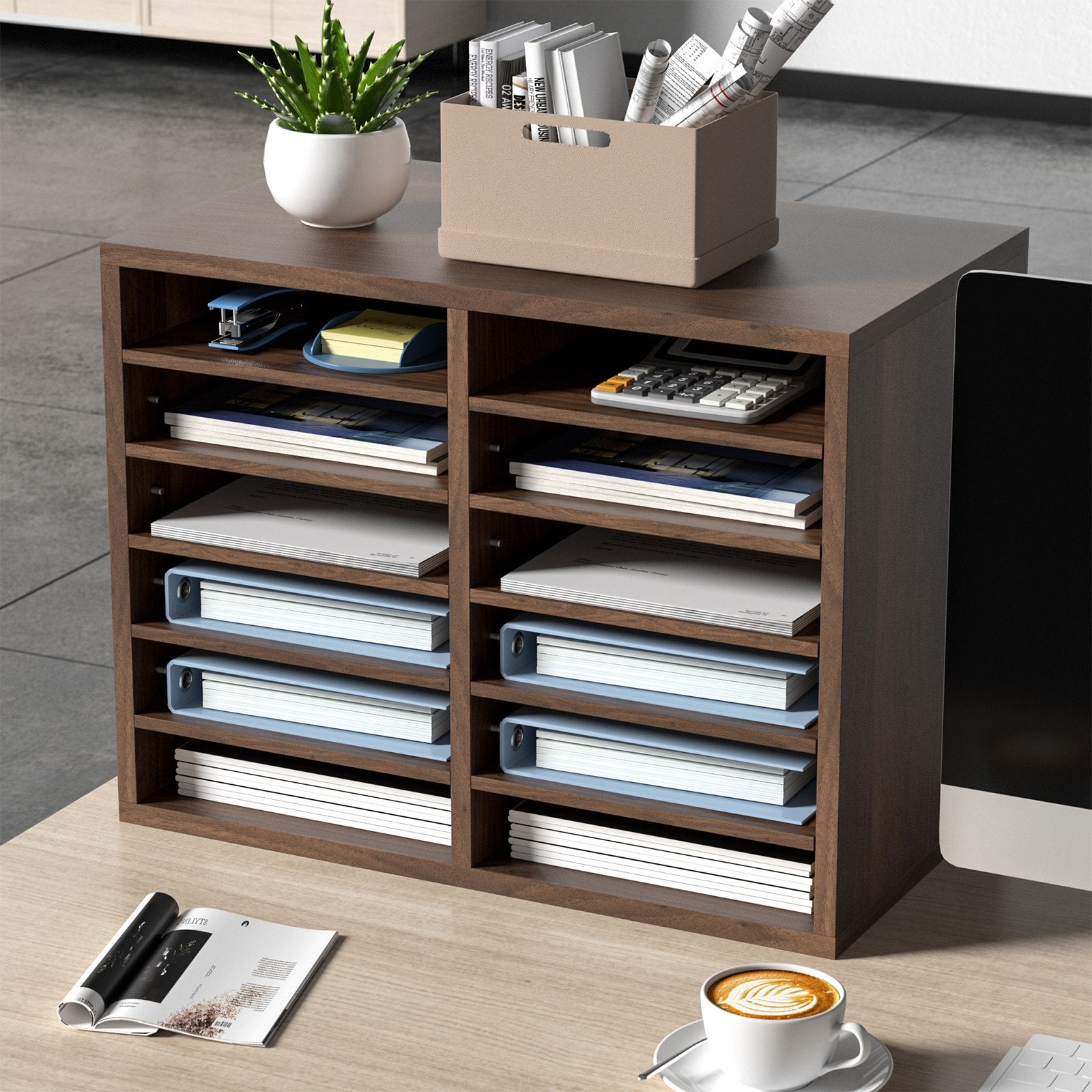 Wood Literature Organizer Adjustable File Sorter 12 Compartments Brown - Image 8
