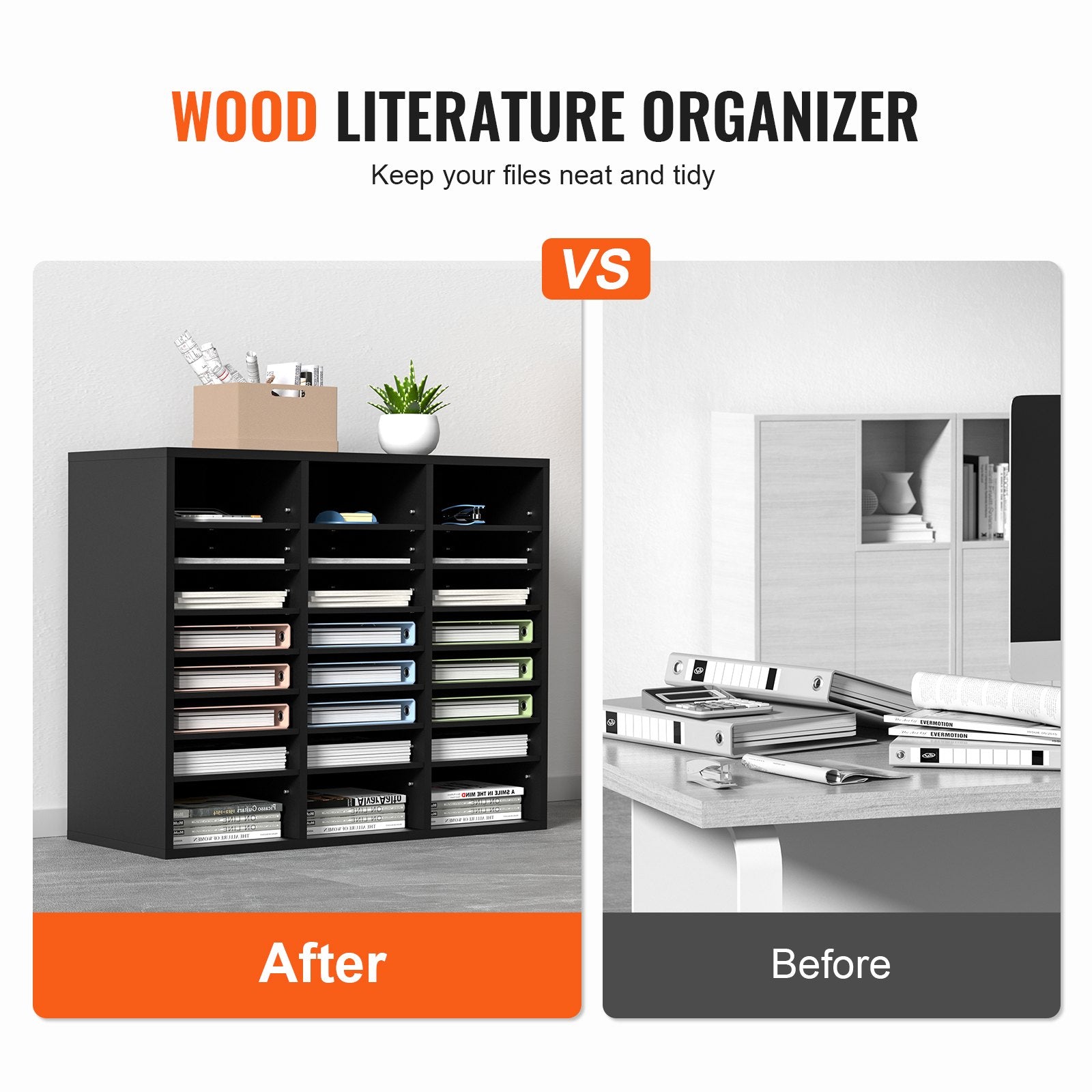 Wood Literature Organizer Adjustable File Sorter 24 Compartments Black - Image 2