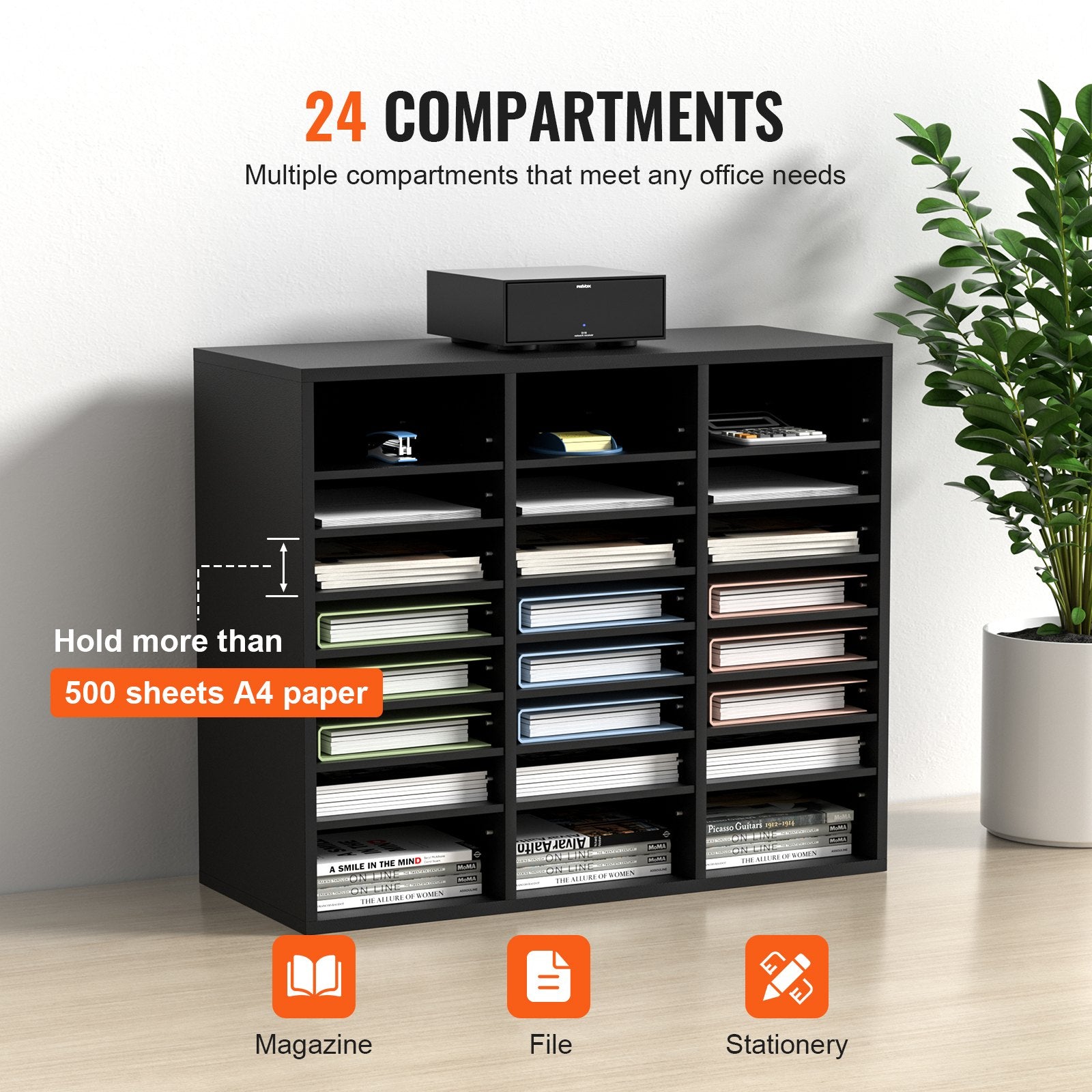 Wood Literature Organizer Adjustable File Sorter 24 Compartments Black - Image 4