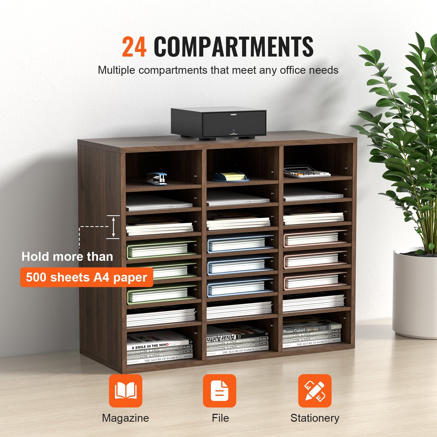 Wood Literature Organizer Adjustable File Sorter 24 Compartments Brown - Image 4