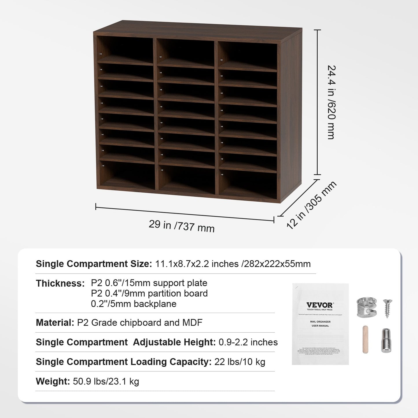 Wood Literature Organizer Adjustable File Sorter 24 Compartments Brown - Image 7