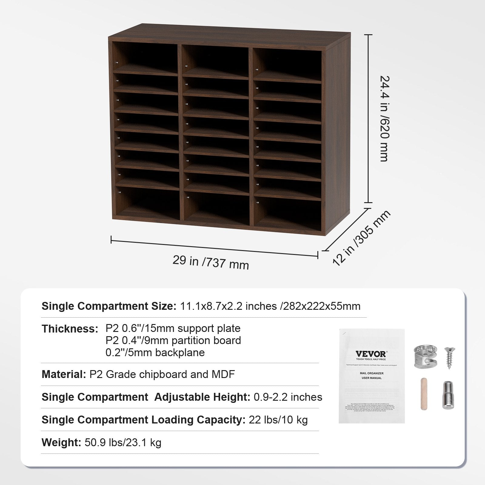Wood Literature Organizer Adjustable File Sorter 24 Compartments Brown - Image 7
