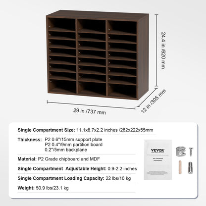 Wood Literature Organizer Adjustable File Sorter 24 Compartments Brown - Image 7