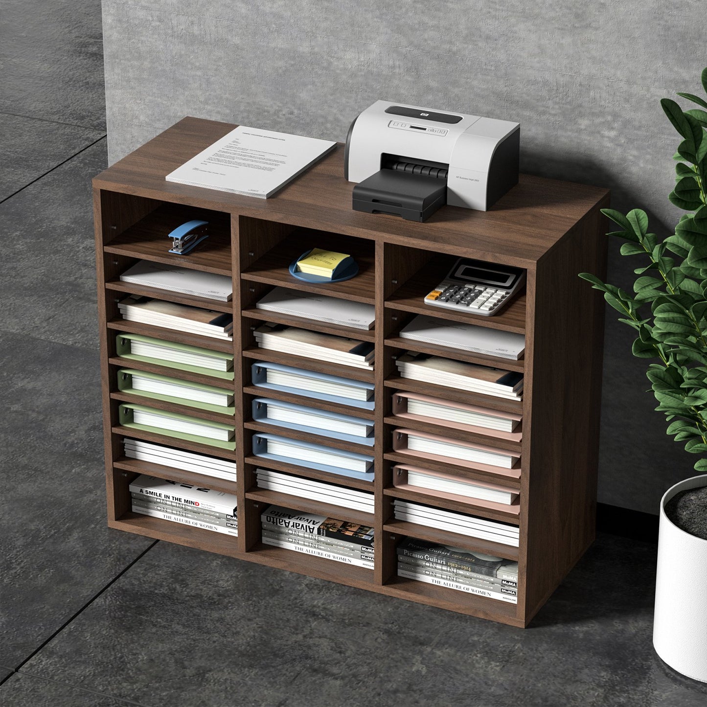 Wood Literature Organizer Adjustable File Sorter 24 Compartments Brown - Image 8