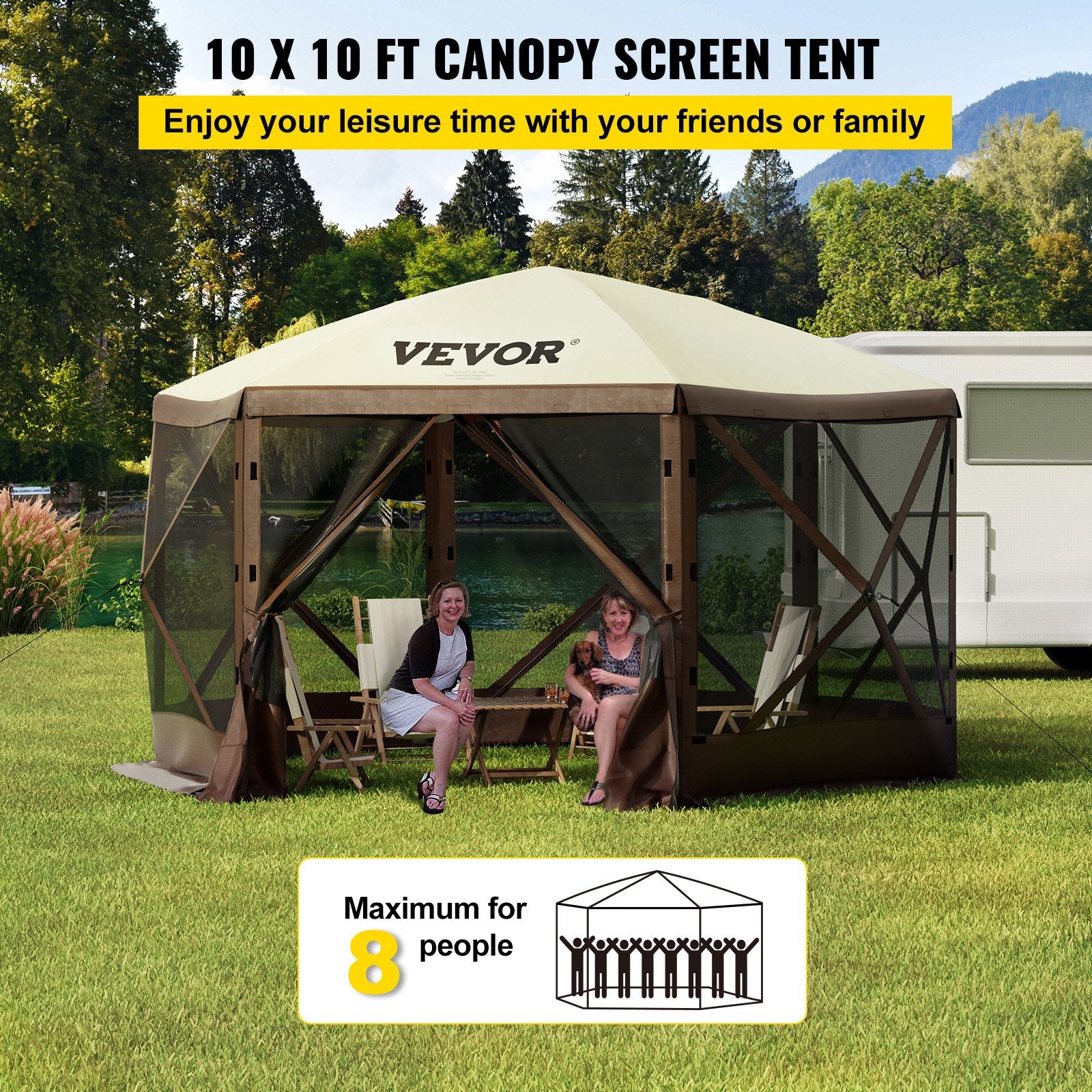 Pop-up Camping Gazebo Camping Canopy Shelter 6 Sided 10' x 10' Sun Shade - Image 2