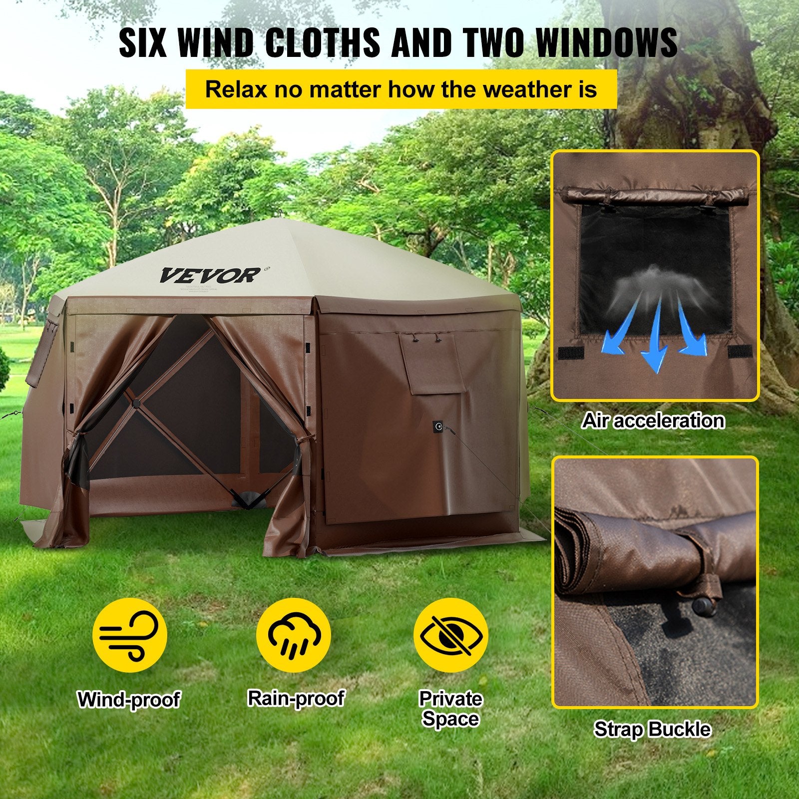 Pop-up Camping Gazebo Camping Canopy Shelter 6 Sided 10' x 10' Sun Shade - Image 3